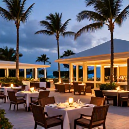 Caribbean Holidays, February Adults-Only Aruba, Elegant adults-only resort restaurant in Aruba serving dinner outdoors, with palm trees, warm evening lighting and Caribbean atmosphere