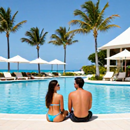 Caribbean Holidays, February Adults-Only Aruba, Happy couple enjoying a peaceful adults-only Aruba holiday beside a resort pool with palm trees and bright Caribbean sunshine