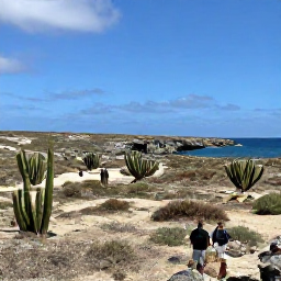 Caribbean Holidays, February Adults-Only Aruba, Visitors exploring Arikok National Park in Aruba, with rugged desert landscape, cacti and rocky coastline under a bright blue sky
