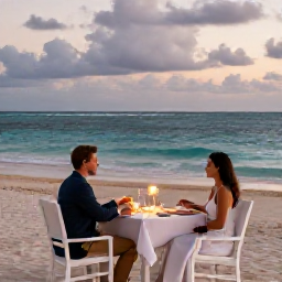 Caribbean Holidays, February Adults Only, Couple enjoying a romantic dinner beside the sea at an adults-only Dominican Republic resort during a warm February evening