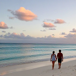 Caribbean Holidays, February Adults Only, Couple walking along Grace Bay Beach at sunset in February, with calm turquoise water, pale sand and a relaxed adults-only holiday atmosphere