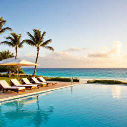 Caribbean Holidays, February Adults Only, Elegant adults-only resort pool overlooking Grace Bay in Turks and Caicos, with loungers, palm trees and warm February sunlight