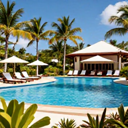 Caribbean Holidays, February Adults Only, Elegant adults-only resort pool surrounded by palm trees, sun loungers and tropical gardens in the Dominican Republic