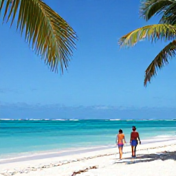 Caribbean Holidays, February Adults Only, Turquoise Caribbean sea, palm-fringed beach and couple walking along the shoreline near Punta Cana in February