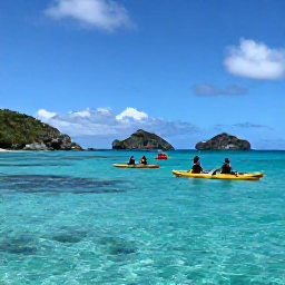 Caribbean Holidays, February Adventure, Kayakers paddling through clear turquoise water beside rocky islands in the British Virgin Islands