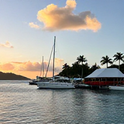 Caribbean Holidays, February Adventure, Sunset over a lively waterfront harbour in the British Virgin Islands, with boats, restaurants and palm trees