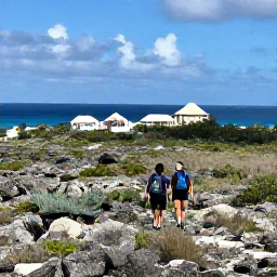 Caribbean Holidays, February Adventures, A couple hiking across the rugged coastal landscape of Grand Turk in February, with low scrub, blue sea and historic island buildings nearby