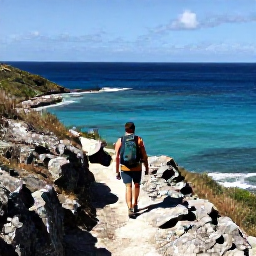 Caribbean Holidays, February Adventures, A hiker walking along a rugged coastal trail above the blue sea on Saint Barth&eacute;lemy under a clear February sky
