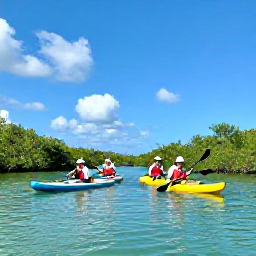 Caribbean Holidays, February Adventures, A kayak and paddleboard group travelling through the calm mangroves of Turks and Caicos beneath a sunny blue sky