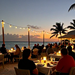Caribbean Holidays, February Adventures, A relaxed evening at a beachfront restaurant in Turks and Caicos, with fresh seafood, warm lights and visitors enjoying the February sunset
