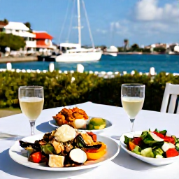 Caribbean Holidays, February Adventures, A relaxed outdoor table in Gustavia with local seafood, fresh salad and a view towards yachts in the harbour