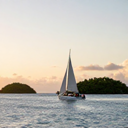 Caribbean Holidays, February Adventures, A sailing boat cruising between green Caribbean islands at sunset, with calm blue water and a relaxed onboard atmosphere