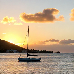 Caribbean Holidays, February Adventures, A small boat sailing at sunset past the harbour and hills of St Thomas in the United States Virgin Islands