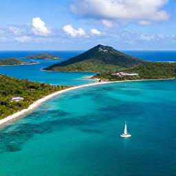 Caribbean Holidays, February Adventures, Aerial view of turquoise Caribbean water, green islands and a small sailboat near St Thomas in the United States Virgin Islands