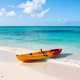Caribbean Holidays, February Adventures, Bright February morning on a Bahamian beach with clear turquoise water, white sand and a kayak ready for adventure