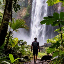 Caribbean Holidays, February Adventures, Hiker walking through lush rainforest in Trinidad towards a waterfall, with tropical foliage and filtered sunlight
