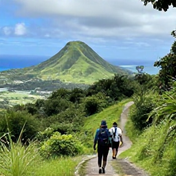 Caribbean Holidays, February Adventures, Hikers walking along a lush tropical trail towards a panoramic viewpoint overlooking green Caribbean hills and blue sea