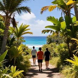 Caribbean Holidays, February Adventures, Hikers walking along a shaded tropical trail with views over the coastline in Virgin Islands National Park, St John