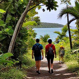 Caribbean Holidays, February Adventures, Hikers walking on a shaded tropical trail overlooking the sea in Virgin Islands National Park on St John