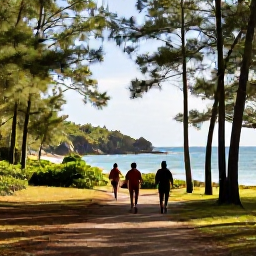 Caribbean Holidays, February Adventures, Hikers walking through a peaceful Bahamian pine forest towards a rocky coastline in warm February sunshine