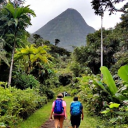Caribbean Holidays, February Adventures, Hikers walking through dense green rainforest towards a misty volcanic summit on Saint Vincent