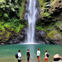 Caribbean Holidays, February Adventures, Hikers walking through lush rainforest in the Northern Range of Trinidad towards a clear waterfall