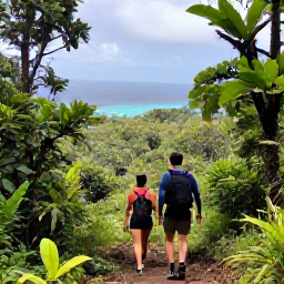 Caribbean Holidays, February Adventures, Hikers walking through lush rainforest on Mount Liamuiga with views towards the Caribbean coast