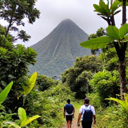 Caribbean Holidays, February Adventures, Hikers walking through lush rainforest on Saint Vincent towards a dramatic volcanic viewpoint, tropical foliage and mountain scenery
