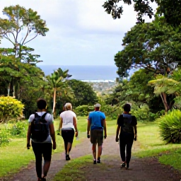 Caribbean Holidays, February Adventures, Hikers walking through lush tropical forest on Mount Liamuiga with a knowledgeable local guide and distant Caribbean views