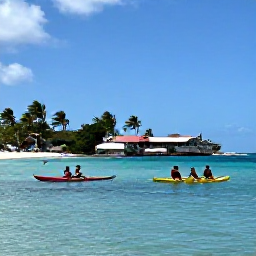 Caribbean Holidays, February Adventures, Kayakers exploring calm turquoise water beside the tropical coastline of Saint Martin and Sint Maarten in bright February sunshine
