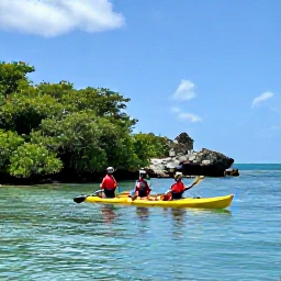 Caribbean Holidays, February Adventures, Kayakers paddling through clear calm water beside mangroves and rocky coastline on St John, United States Virgin Islands