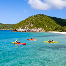 Caribbean Holidays, February Adventures, Kayakers paddling through clear turquoise water beside green hills and rocky coves in St John, US Virgin Islands