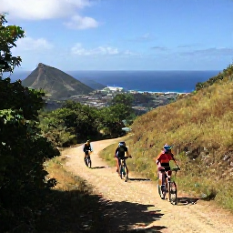 Caribbean Holidays, February Adventures, Mountain bikers riding a scenic track through the hills of Saint Martin with the Caribbean Sea in the background