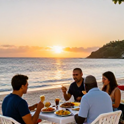 Caribbean Holidays, February Adventures, Outdoor dining beside a Caribbean beach at sunset on Saint Martin and Sint Maarten, with relaxed travellers enjoying local food