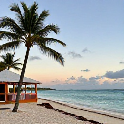 Caribbean Holidays, February Adventures, Relaxed Caribbean beach at sunset with palm trees, calm turquoise water and a small beachfront restaurant