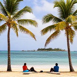Caribbean Holidays, February Adventures, Relaxed travellers enjoying a golden Caribbean beach on Bequia with palm trees, calm sea and a small island harbour in the background