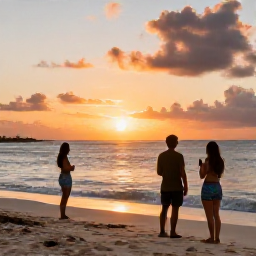Caribbean Holidays, February Adventures, Relaxed travellers watching a golden sunset from a Bahamian beach after a day of outdoor adventure