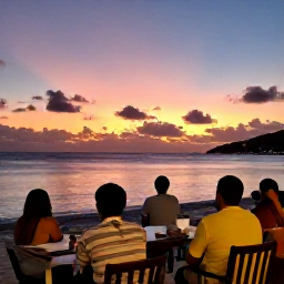 Caribbean Holidays, February Adventures, Relaxed travellers watching the sunset from a beachfront restaurant in Sint Maarten, with calm sea and colourful evening sky