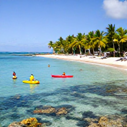 Caribbean Holidays, February Adventures, Sea kayakers and snorkellers exploring clear Caribbean water near a Dominican Republic beach, palm trees and coral reef