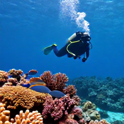 Caribbean Holidays, February Adventures, Snorkeller and scuba diver above colourful coral, tropical fish and clear blue Caribbean water