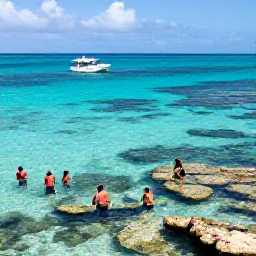Caribbean Holidays, February Adventures, Snorkellers exploring clear turquoise water and coral reefs near Tobago, with a small boat anchored offshore