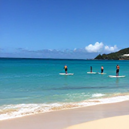 Caribbean Holidays, February Adventures, Stand-up paddleboarders and snorkellers enjoying clear shallow water around a quiet Caribbean beach on Saint Martin