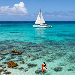 Caribbean Holidays, February Adventures, Traditional sailing boat cruising between turquoise islands with snorkellers exploring a colourful coral reef