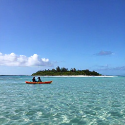 Caribbean Holidays, February Adventures, Travellers kayaking through calm clear water beside a small tropical island in The Bahamas