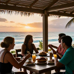 Caribbean Holidays, February Adventures, Travellers relaxing at a welcoming Caribbean beach restaurant after an active day, with local food and sunset light