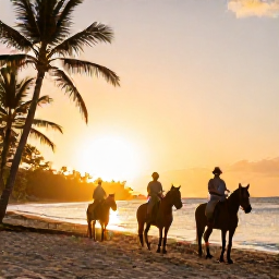 Caribbean Holidays, February Adventures, Travellers riding horses along a quiet Dominican Republic beach at sunset, palms and golden sand