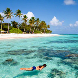 Caribbean Holidays, February Adventures, Tropical beach on Tobago with clear turquoise water, palm trees and a snorkeller exploring a coral reef