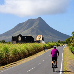 Caribbean Holidays, February Adventures, Visitors cycling along a quiet tropical road past sugar cane fields, historic ruins and mountain scenery on Saint Kitts