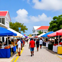 Caribbean Holidays, February Adventures, Visitors enjoying a colourful waterfront street and local Caribbean food market in Charlotte Amalie, St Thomas