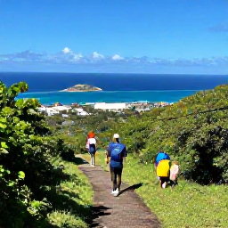 Caribbean Holidays, February Adventures, Visitors hiking a green coastal trail to a panoramic viewpoint over Saint Martin and Sint Maarten